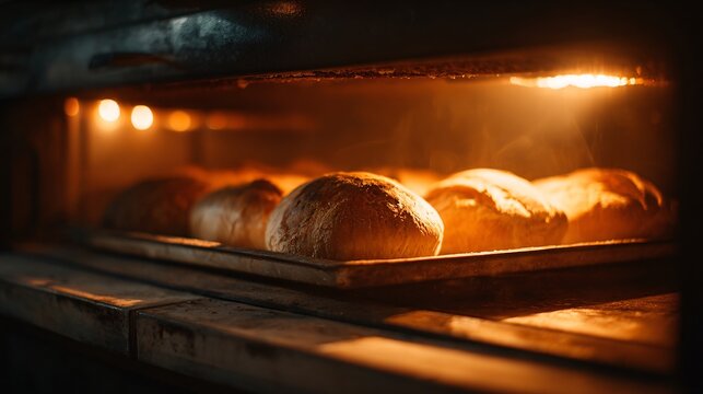 A bakery oven scene with bread baking inside, warm glow highlighting texture and craftsmanship