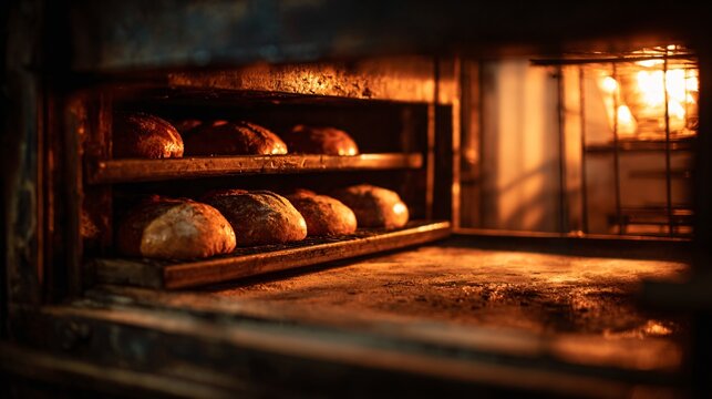A bakery oven scene with bread baking inside, warm glow highlighting texture and craftsmanship