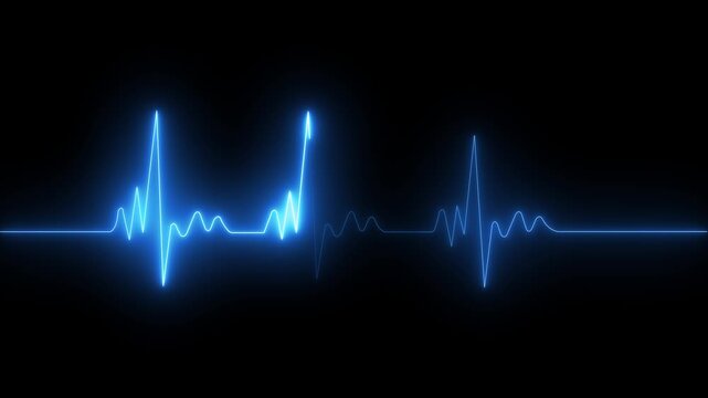   
Glowing neon blue color heartbeat rate and pulse line .Neon ECG line animation video on black background. Heart beat. Electrocardiogram. One pulse line.