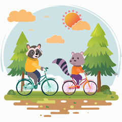 Obraz premium Cute Raccoons Riding Bicycles in Nature