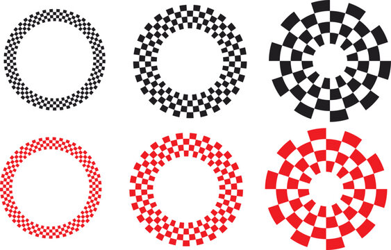 Set of black red and white checkerboard round frames circular borders race flag chessboard designs vector illustration