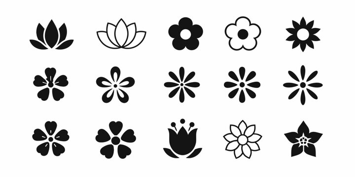 Diverse collection of black silhouette flower with various petal shapes