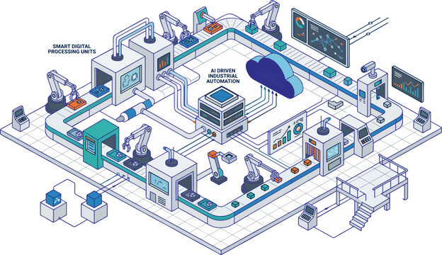 A futuristic factory floor showcases various machines and robots efficiently working together with screens and computers in an industrial setting with technology.