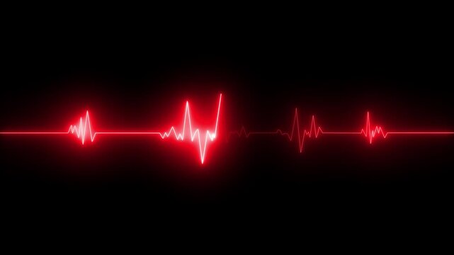   
Glowing neon red color heartbeat rate and pulse line .Neon ECG line animation video on black background. Heart beat. Electrocardiogram. One pulse line.