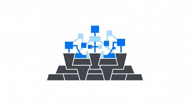 Flat vector illustration of a digital network nodes structure branching from a block foundation representing asset tokenization and fintech infrastructure