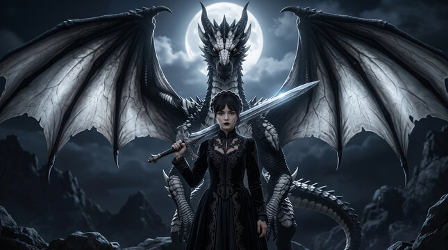 a woman with a sword stands before a colossal dragon under a full moon. The scene radiates a chilling, epic sense of destiny and dark power.