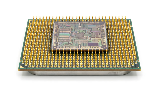 Central processing unit CPU computer microprocessor silicon chip isolated on a clean white background, computer hardware technology