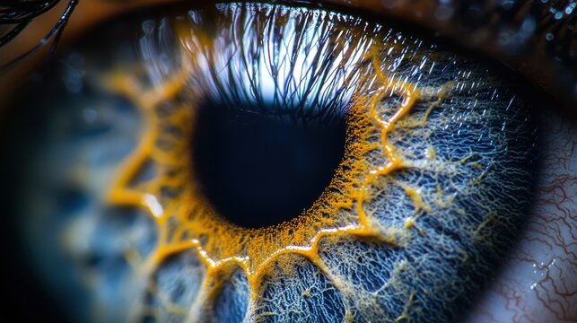 Pupil border detail extreme closeup iris collarette structure natural pigmentation radial patterns golden crypts blue textural complexity macro lighting