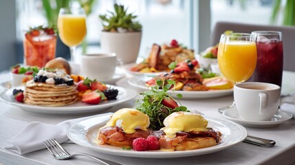 Fototapeta premium A brunch table filled with a variety of dishes including eggs benedict, pancakes, fruits, and juices, styled in a bright and inviting daylight setting