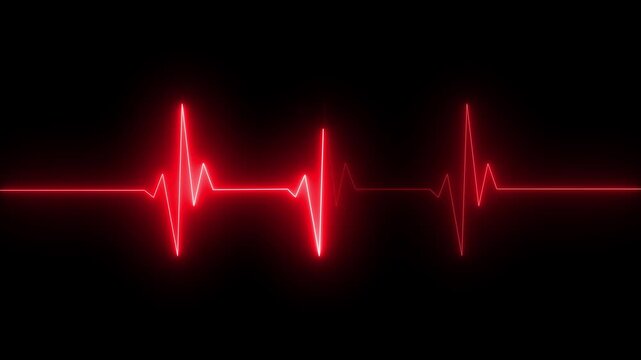   
Glowing neon red color heartbeat rate and pulse line .Neon ECG line animation video on black background. Heart beat. Electrocardiogram. One pulse line.