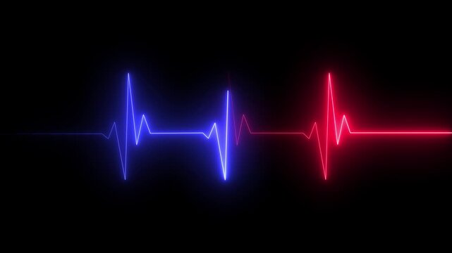   
Glowing neon blue  and red color heartbeat rate and pulse line .Neon ECG line animation video on black background. Heart beat. Electrocardiogram. One pulse line.