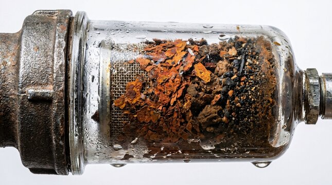 A macro shot of a clear water filter heavily clogged with rust and sediment on an old pipe, illustrating industrial water contamination and failing infrastructure