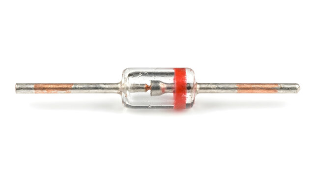 Electronic diode component with glass body and semiconductor material isolated on a white background, circuit electronics
