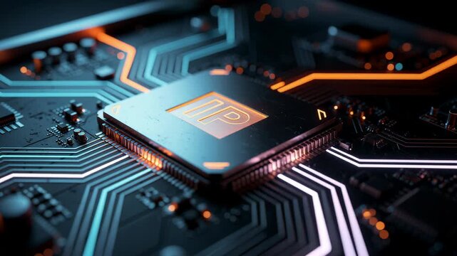 Close up of advanced microchip with glowing circuits on futuristic motherboard technology background