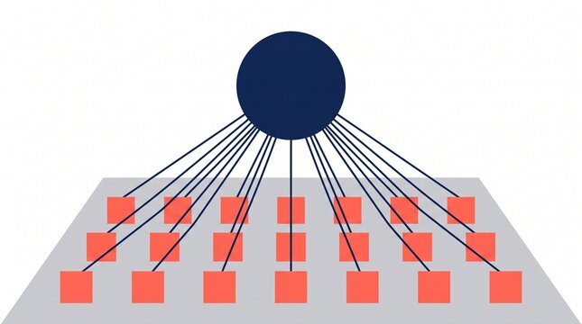 Flat vector illustration of a central circle connected to a grid of squares representing centralization and network topology