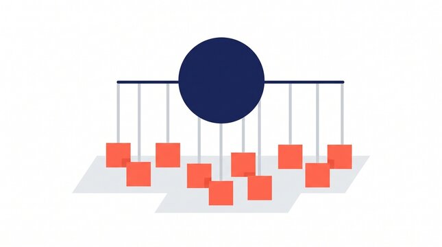 Minimalist flat vector illustration of a central blue hub distributing lines to red nodes representing centralized network and data architecture