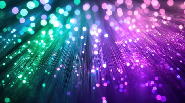 Glowing fiber detail bundles streaming light pathways turquoise purple gradient bokeh effects optical transmission abstract composition