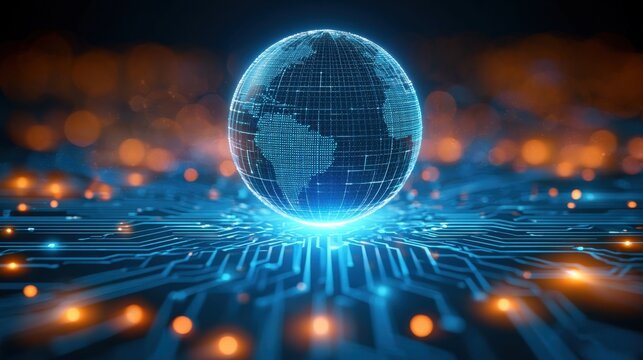 Digital globe of Earth with grid lines glowing blue hovering above futuristic circuit board with orange and blue lights representing technology and global network connectivity