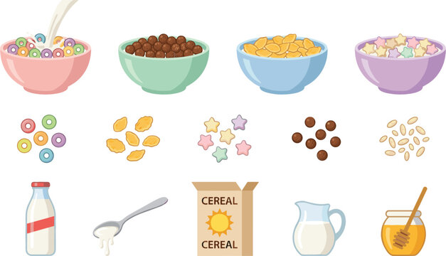 Breakfast cereal collection with milk, honey and colorful grain bowls cartoon vector illustration isolated on background