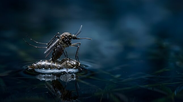 Mosquito emerging from pupa on water surface in dark nature environment