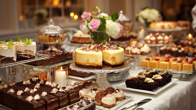 A dessert buffet table filled with cakes, pastries, and sweets arranged in an elegant and abundant display