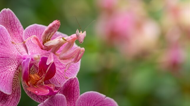 Pink orchid mantis camouflaged on a vibrant flower in a garden