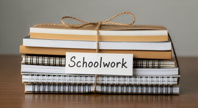 Stack of notebooks and books tied with twine with a label reading Schoolwork
