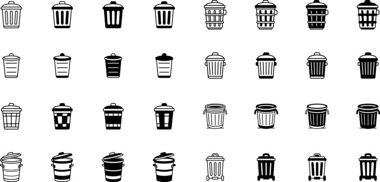 Collection of various trash can icons in different styles and designs on transparent background