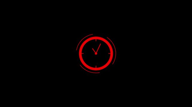 Looped animated clock icon with spinning hands on black background.