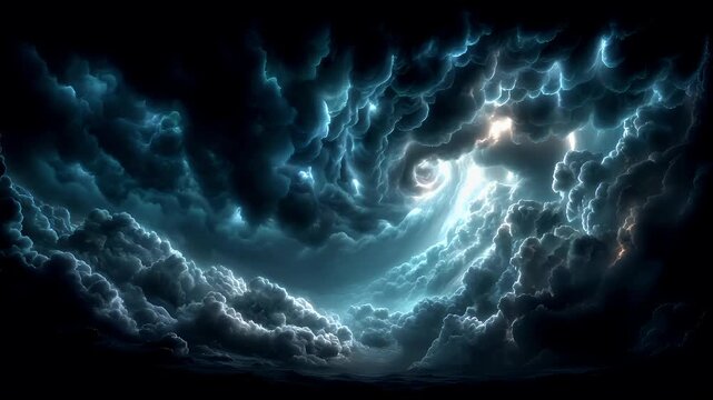 Fantasy wallpaper. A dramatic digital artwork depicts a stormy sky. The main subject is a swirling vortex of dark, stormy clouds, illuminated by bright blue and white lightning bolts.
