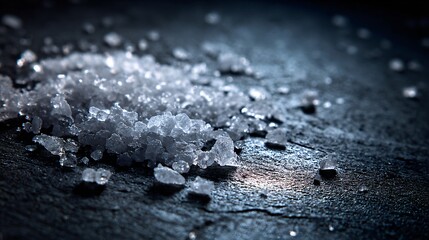 Naklejka na ściany i meble A macro composition of coarse salt crystals scattered across a dark textured surface, illuminated to highlight their crystalline structure