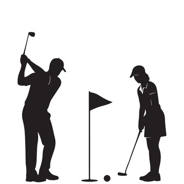 Silhouette of a man and woman playing golf with a flag and ball. Representing sports competition, leisure activities, and outdoor hobbies