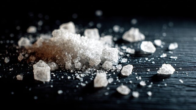 A macro composition of coarse salt crystals scattered across a dark textured surface, illuminated to highlight their crystalline structure