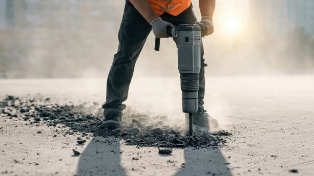Construction worker operating heavy jackhammer tool breaking concrete ground surface on dusty site during daytime work activity