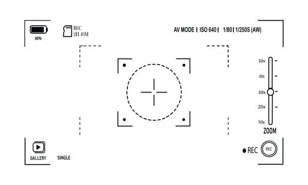 Doodle Video Camera and Recording Interface. Camera Viewfinder Overlay HUD Frame Focus Display Hand Drawn Vector Template