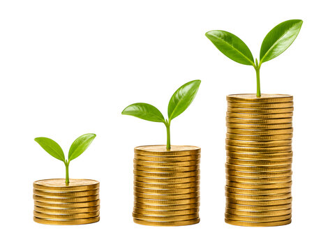 Financial growth concept, rising gold coin stacks, green plant sprouts growing on money isolated on Transparent Background