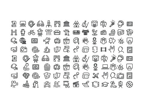Collection of various line icons related to art entertainment education and media  isolated on white background