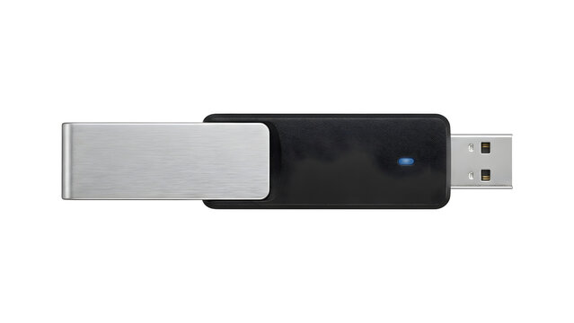 Sleek silver and black USB flash drive memory stick isolated on a clean white background, portable digital data storage device