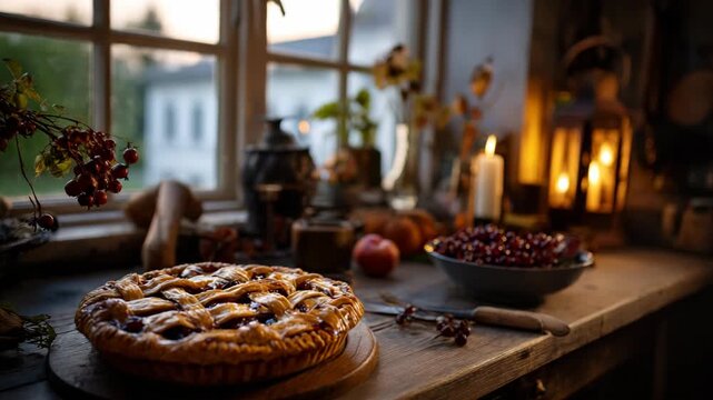 Lattice fruit pie on rustic table by window