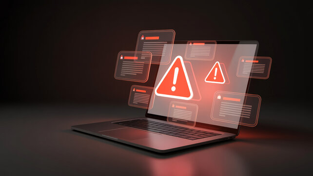 Cyber security concept with a laptop showing multiple red warning alert notifications