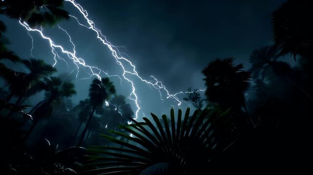 Fantasy wallpaper. A dark, atmospheric depiction of a tropical rainforest bathed in a dramatic lightening strike. The scene features tall palm trees silhouetted against a deep blue sky.