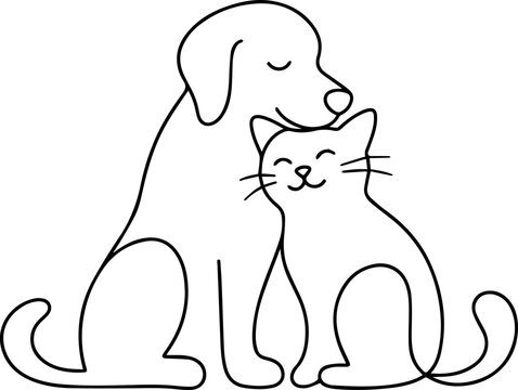 Dog and cat together line art illustration for coloring book.
