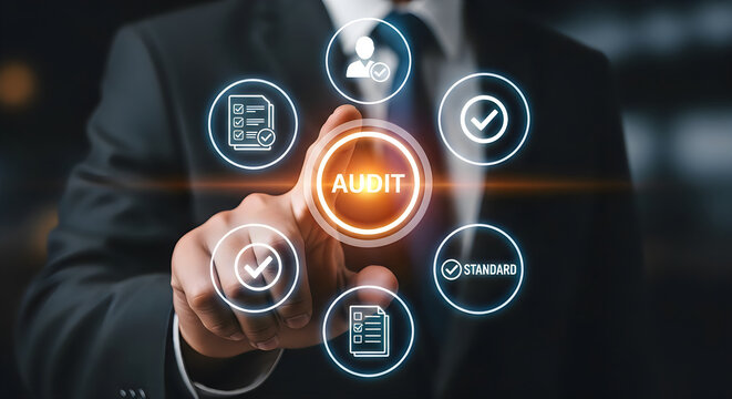Businessman's finger pressing a glowing AUDIT' button surrounded by representing compliance and standards