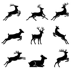 Fototapeta premium Set of elegant black deer silhouettes featuring dynamic actions like leaping and running isolated on white background showing majestic forest animals suitable for decorative patterns or hunting logos