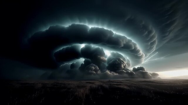 Tornado, twister, weather, natural disaster. A dramatic portrayal of a stormy landscape. A large, swirling cloud formation dominates the scene, illuminated by a bright, radiant light source.