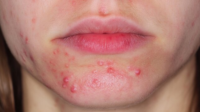 High-Resolution Medical Illustration of Herpes Simplex Virus Infection Showing Cold Sore Outbreak, Viral Skin Disease, Dermatology Healthcare Concept and Microscopic HSV Particles