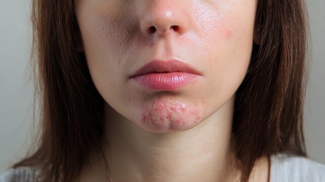 High-Resolution Medical Illustration of Herpes Simplex Virus Infection Showing Cold Sore Outbreak, Viral Skin Disease, Dermatology Healthcare Concept and Microscopic HSV Particles