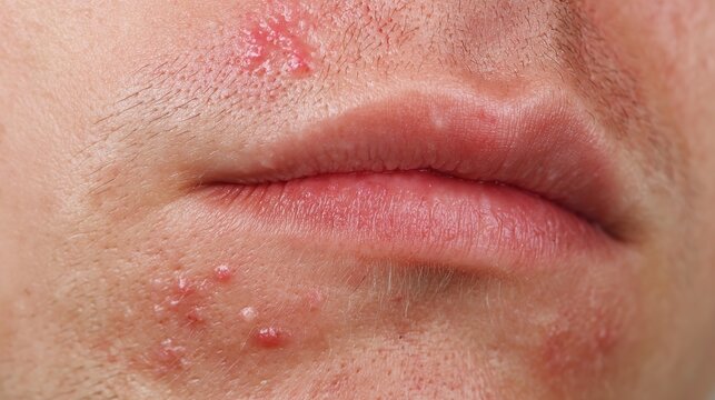 High-Resolution Medical Illustration of Herpes Simplex Virus Infection Showing Cold Sore Outbreak, Viral Skin Disease, Dermatology Healthcare Concept and Microscopic HSV Particles