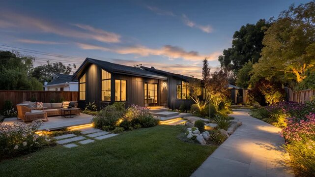 Modern house exterior and landscape at twilight
