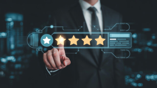 Businessman touching a digital screen to give a fivestar rating for customer service satisfaction